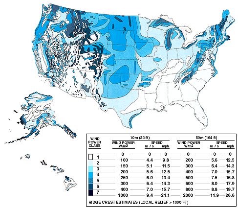 Map of available wind power over the United States.  Color codes indicate wind power density class.